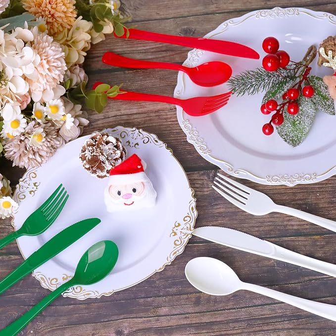 153 Pcs Christmas Plastic Silverware Heavy Duty Disposable Tableware Sets Includes Spoons Forks Knives for Christmas Party Decorations (Red Green White)