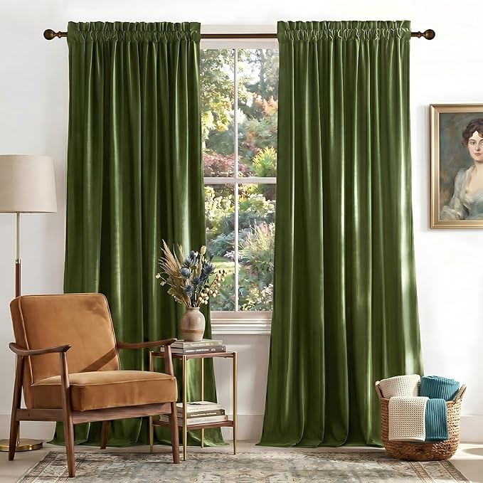 NICETOWN Moss Green Velvet Curtains and Drapes, Thermal Insulated Soft Window