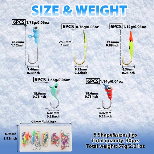 FishTrip Ice Fishing Jigs Kit, 30Pcs Glow Ice Fishing Lure Set for Winter Ice Jigging Crappie Sunfish Perch Panfish Walleye Pike Jigs, Ice Fishing Gear with Storage Box