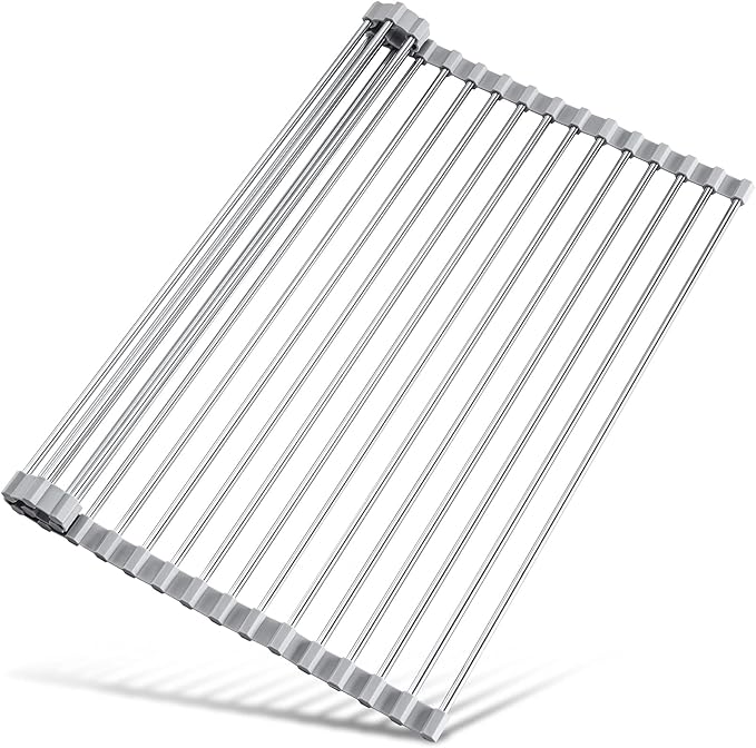 Tomorotec 17.7" x 15.5" Roll Up Dish Drying Rack Over Sink Drying Rack Sink Cover Kitchen Sink Accessories Gadget Multipurpose Organizer Foldable Stainless Steel Drainer (Grey)