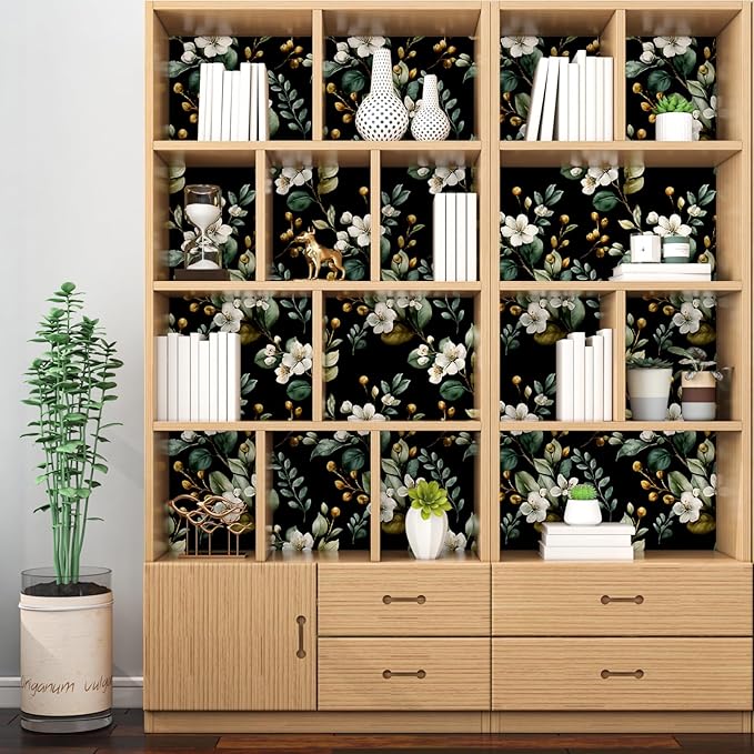 Black Floral Wallpaper Peel and Stick, Vintage Dark Green Leaves