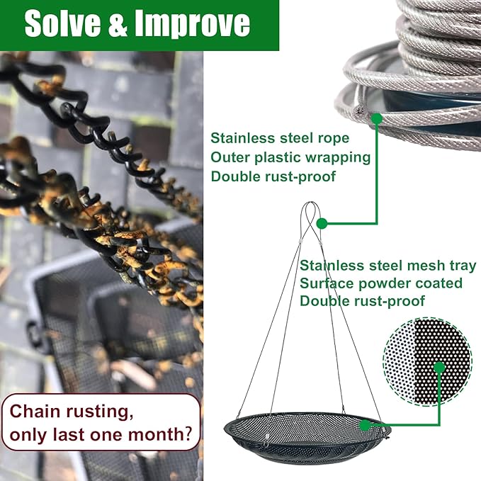 CQAIRIOU Upgraded Hanging Bird Feeder Tray,11.8” Stainless Steel Large Platform Metal Mesh Seed Tray for Backyard Garden Attracting Outside Wild Birds