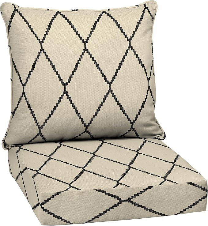 Arden Outdoor Deep Seat Cushion Set, 24 in x 24 in, Patio Cushion for Chair, Sofa, and Couch Tan Diamond Trellis