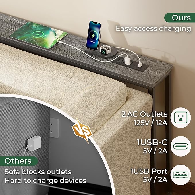SUPERJARE 102.4 Inch Sofa Table with Power Outlets and USB-C Ports, 5.9 Inch Narrow Console Tables, Entryway Hallway Couch Tables with Storage, Behind Sofa, Small Spaces, Living Room, Charcoal Gray