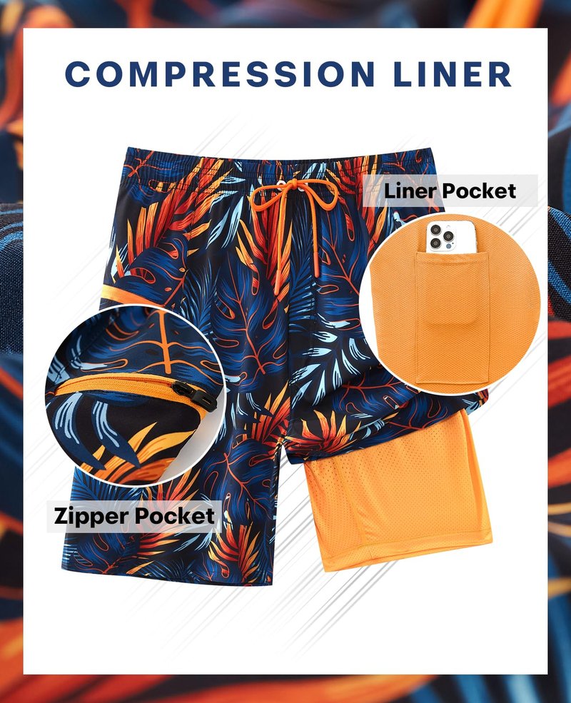 APTRO 2 in 1 Men's Swim Trunks 9" with Zipper Pockets Bathing Suit Built-in Board Shorts Swimwear Long Shorts Palm Orange 1X