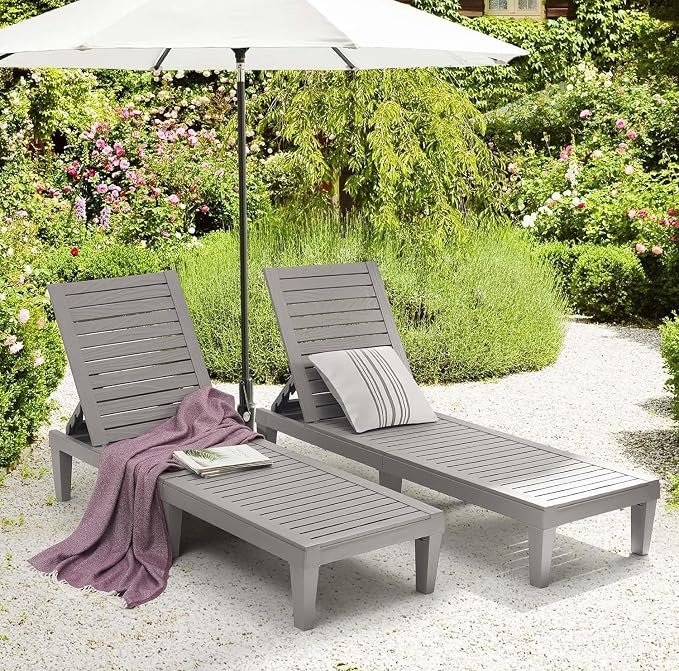 Nestl Patio Chairs - Grey Chaise Lounge Chair Outdoor, 5-Position Adjustable Sun Tanning Chair, Waterproof Pool Lounge Chairs Set of 2, Reclining Lawn Chair, Lightweight Outdoor Lounge Chairs