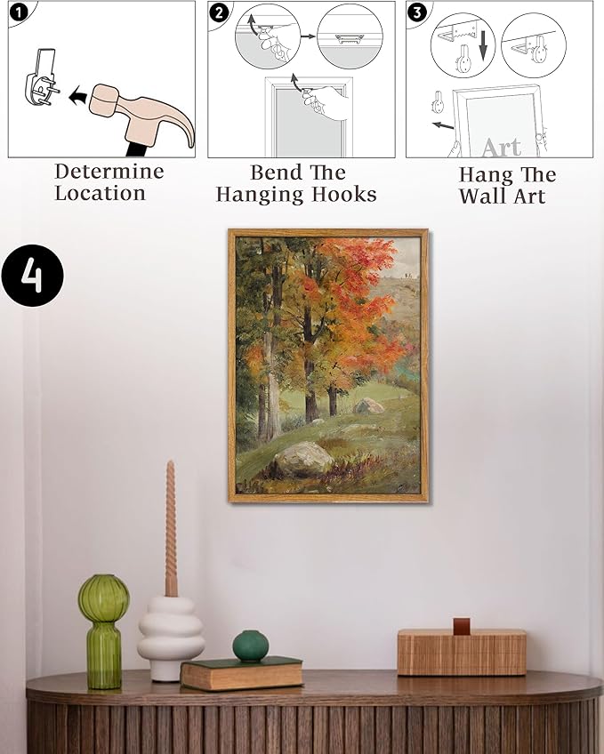 UPWOIGH 16x24 in Large Framed Wall Art, Autumn Tree Oil Painting Canvas, Vintage Fall Landscape Rustic Forest Print, Retro Moody Wall Art for Living Room Bedroom Decor, 1 Pack Gift