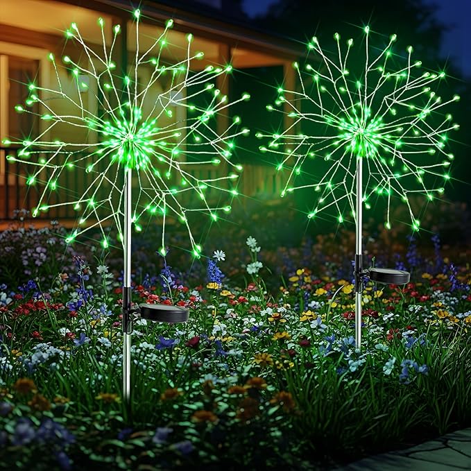 suddus St. Patrick's Day Decorations Solar Firework Lights - 150 LED Green Outdoor Garden Lights, 8 Modes DIY Sparkler Lights, Waterproof Solar Stake Lights for Yard, Pathway Flowerbed Decor (2 Pack)