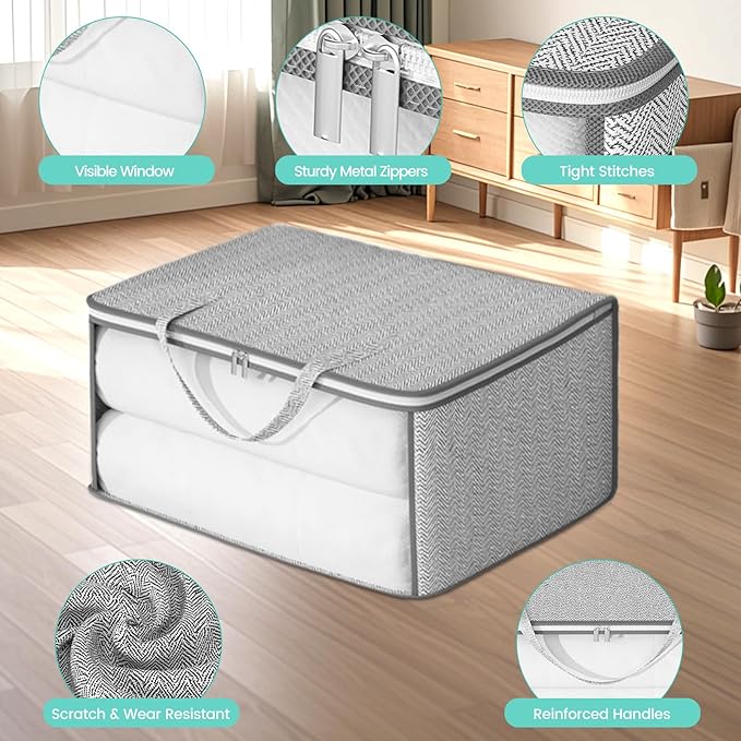 4 Pack Grey Comforter Storage Bags, Clothes Storage Bags, Collapsible Closet Organizers with Reinforced Handles, Heavy-Duty Storage Totes for Clothes & Comforters