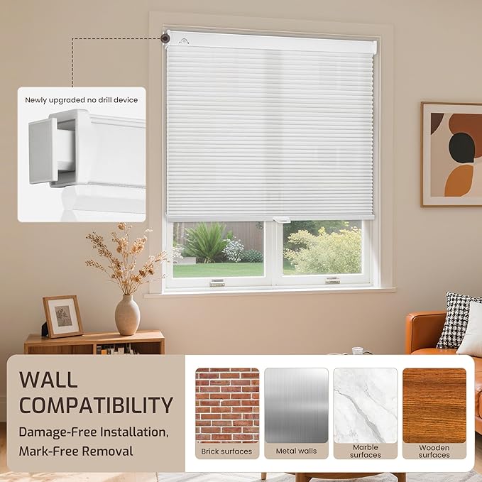 Grandekor No Drill No Tools Cordless Cellular Shades, 26.5" W x 64" H, Light