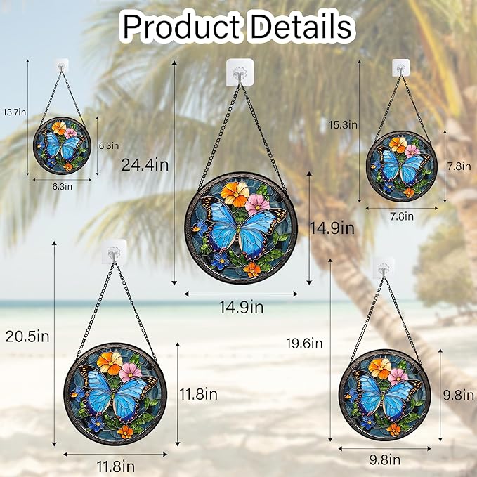 Stained Glass Window Hanging, Blue Butterfly Flower Suncatcher for Doors Home Sun Catchers Decoration and Christmas, Mother's Day Birthday Gifts for Women, Men, and Mom 7.8 in