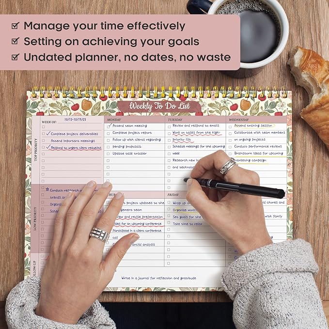 Taja Weekly To Do List Notepad with 52 Undated Sheets（8.5"×11"）- Weekly Desk Planner for Women & Man, Work and Home - 1 Pack Cherry Orchard