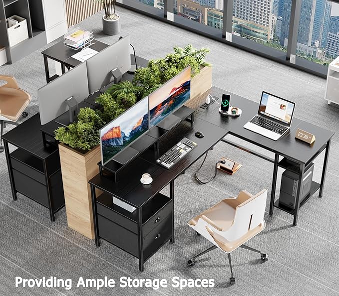 Furologee 59” L Shaped Desk with Power Outlet, Reversible Computer Desk with File Drawer & 2 Monitor Stands, Corner Home Office Table with Storage Shelves for Gaming Writing, Black