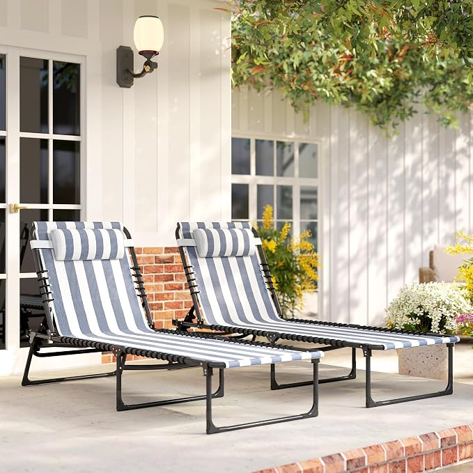 Outsunny Folding Chaise Lounge Chair Outdoor Set of 2 Mesh Seat Blue/White | Foldable, Sun Tanning Chair, Chaise Lounger, 4-Position Reclining Back, for Outside Patio Beach Poolside Backyard