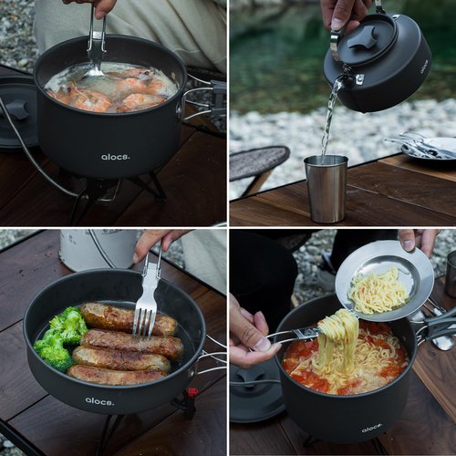 Alocs 17pcs Camping Cookware Set - Lightweight Camping Cookware Mess Kit for 2 - Portable Outdoor Cookware with Kettle - Camping Pots and Pans Set with Stainless Steel Cups Plates Forks Knives Spoons