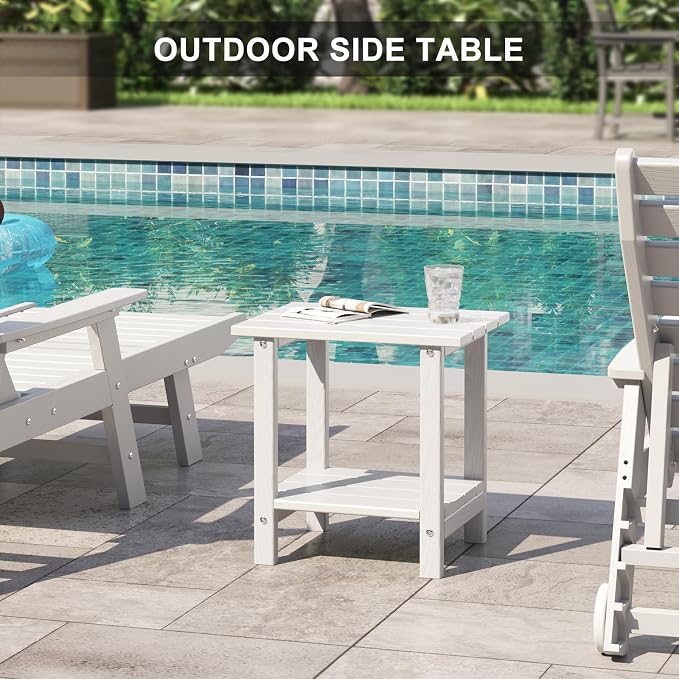 2 Tier Outdoor Side Table with Wood-Like Grain, 16.6" HDPE Adirondack Table Patio Side Table, Weather Resistant End Table for Pool, Patio & Porch, Small Outdoor Table (White, Rectangle)