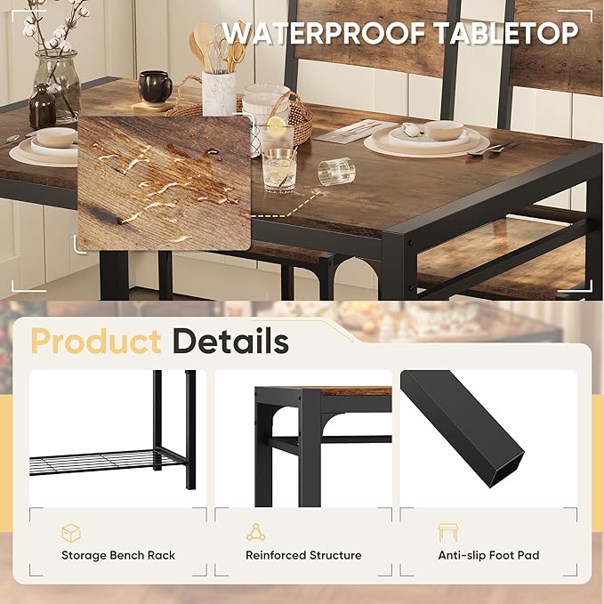 Shahoo Kitchen Table and 2 Chairs for 4 with Bench, 4 Piece Dining Sets for Small Space, Rust Brown