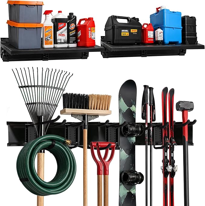 TIDYME Heavy-Duty Garage Wall Storage System | Wall Mounted Tool Organizer Rack with Shelving | 12-Piece Mounting Kit | 6x10” Double-Layered Hooks & 2x24” Floating Utility Shelves