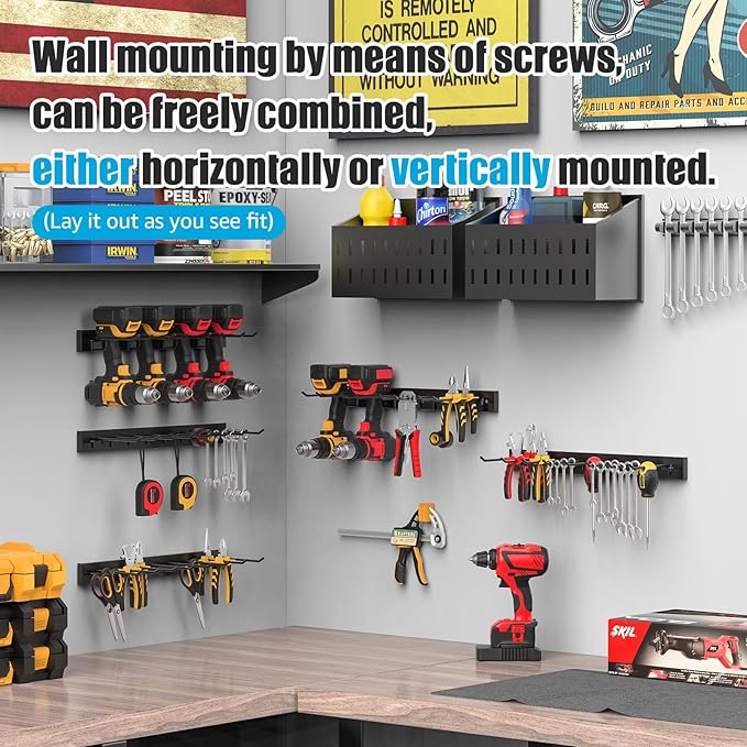 CCCEI 5 Modular Pegboard Strip Storage, Metal Peg Slat Wall Mount for Garage, Basement, Garden, Laundry Room Organization. Flexible Tool Organizer for Rake, Shovels, Crafting. Gifts for Men, Red.