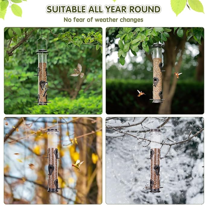 MIXXIDEA 1PK Metal Wild Bird Feeder,Squirrel Proof Bird Feeders for Outside,Hanging 6 Port Tube Bird Feeder Transparent Finch Bird Feeder for Attracting Birds in Your Lawn, Garden, Balcony – Coffee
