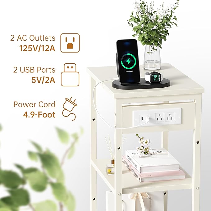 Tall End Table with Charging Station, 3 Tier Narrow Tall Nightstand with Storage, Slim Side Table for Bedroom, Living Room, Nursery, Office, Cream White