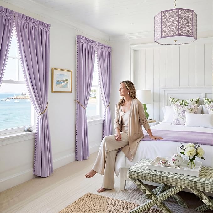NICETOWN Lilac Purple Pom Pom Velvet Curtains 84 Inch Length