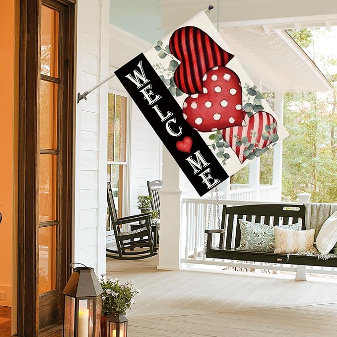 AVOIN colorlife Valentines Day Welcome House Flag 28x40 Inch Outside Double Sided, Anniversary Love Heart Rustic Yard Outdoor Decoration