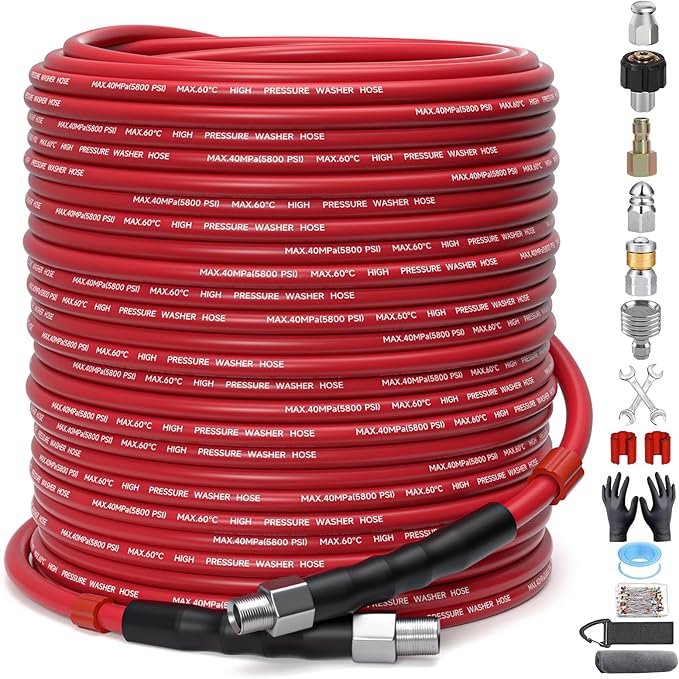 Sewer Jetter Kit for Pressure Washer – 200ft Water Jet Drain Cleaning Hose 5800PSI 1/4 Inch NPT Corner with Sewer Cleaning Tool High Pressure Nozzles and Spanner Waterproof Tape