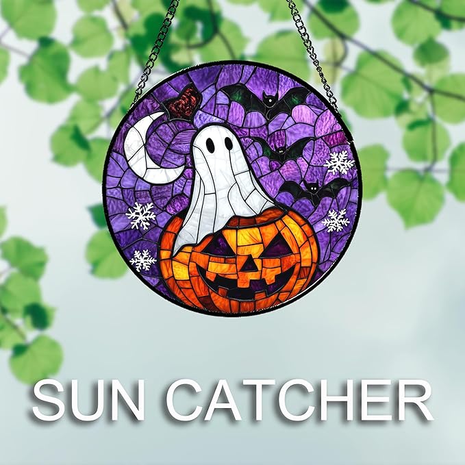 Stained Glass Window Hanging Halloween Horror Pumpkin 15" - Suncatcher Door Garden Sunroom Gothic Style Ghost Bat Sun Catcher Birthday for Friend Mom Men Woman Nana