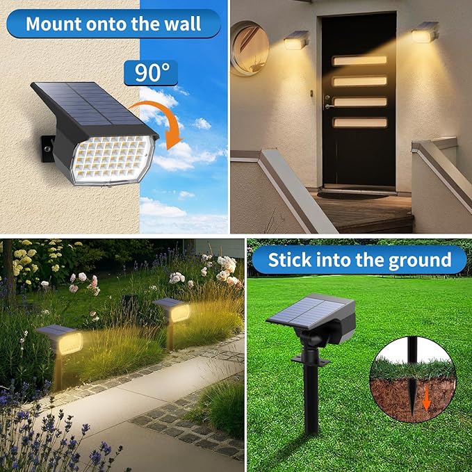 Tadyreal Solar Spot Lights Outdoor 2 Pack, [46 LED/3 Modes] Solar Landscape Spotlights Waterproof, 2-in-1 Auto On/Off Solar Powered Lights for Outside Yard Garden Wall Pathway(Warm White)