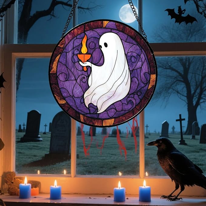 Stained Glass Window Hanging - Halloween White Ghost Purple Suncatcher for Doors Window Garden Spooky Candlelight Sun Catchers Gothic Decor Horror Gifts for Women Men Friend Boy Girl 7.8 in