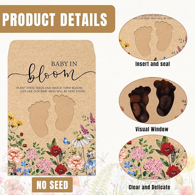 JarThenaAMCS 100Pcs Wildflower Baby Shower Seed Packets Self Adhesive Kraft Envelope with Footprint Window Vintage Floral Baby in Bloom Seed Storage Pockets for Gender Reveal Birthday