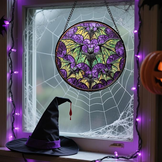 Stained Glass Window Hanging - Halloween Decorations Bats Suncatcher for Doors Garden Indoor Spooky Funny Purple Sun Catchers Gothic Decor Horror Gifts for Women Men Friend 7.8 in