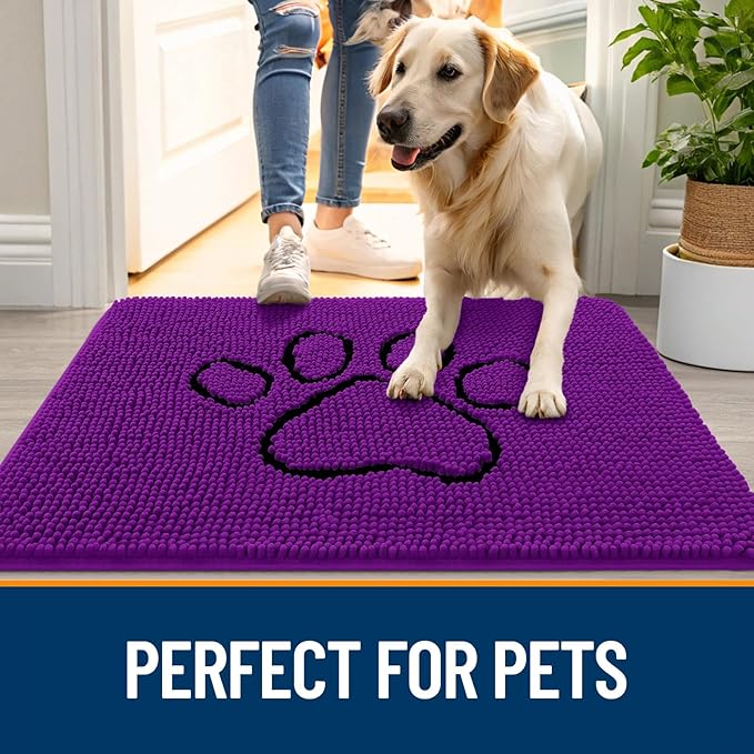 OLANLY Dog Door Mat for Muddy Paws 48x30, Paw Print Design, Absorbs Moisture and Dirt, Absorbent Non-Slip Washable Doormat, Quick Dry Chenille Mud Mat for Dogs, Entry Indoor Entryway Carpet, Purple