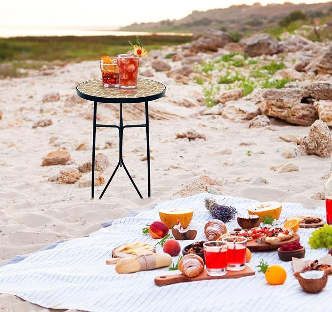Mosaic Khaki Round Sode Tea Table,Valentine's Day Unique Furniture, Small End Outdoor Side Accent Bedside Dining Room Table, Indoor Balcony Outdoor Furniture, Balcony Valentine's Day Decor