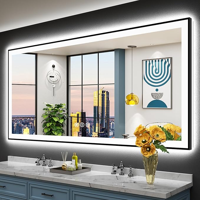 77x36 Black Framed LED Bathroom Mirror