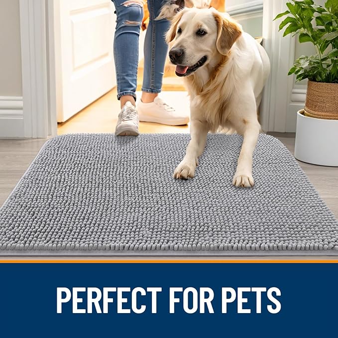 OLANLY Dog Door Mat for Muddy Paws 47x24, Absorbs Moisture and Dirt, Absorbent Non-Slip Washable Doormat, Quick Dry Chenille Mud Mat for Dogs, Entry Indoor Entryway Carpet for Inside Floor, Light Grey