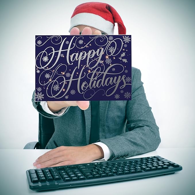 Better Office Products 50 Pack Happy Holidays Cards with Silver Foil Accents, 5" x 7", High Gloss, Interior Greeting, with 50 Envelopes, Christmas Cards, New Years Cards, 50 Count Boxed Set