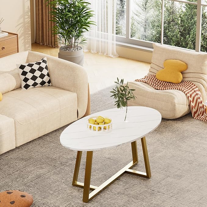 Coffee Table White Faux Marble Coffee Table for Living Room,Oval Center Tables Modern Tea Table for Small Space,Wooden Living Room Tables End Table with Sturdy Gold Metal Leg