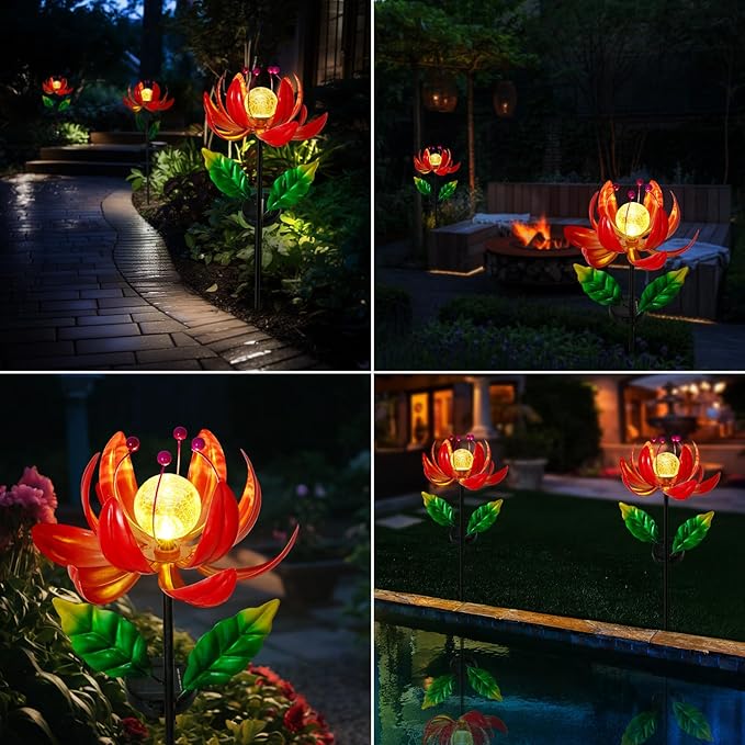 Solar Lights Outdoor Garden Decor, Solar Wind Spinner Yard Decorations for Outside, Lotus Windmill Pathway Lights with LED Cracked Crystal Ball Waterproof Flower Sculpture for Patio Lawn Garden Gifts