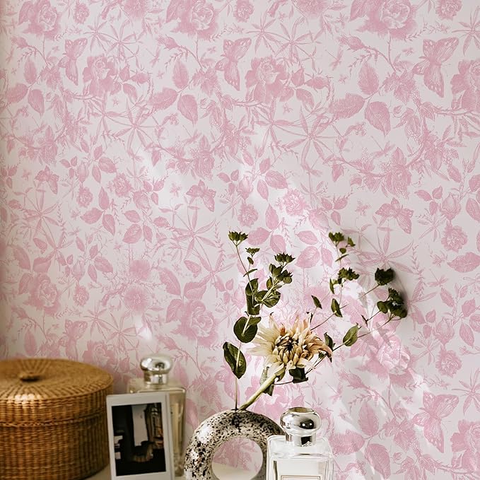 JiffDiff Floral Vintage Wallpaper Peel and Stick，Pink Rose Wallpaper Removable