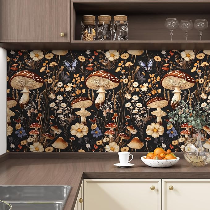 BOKEBEVE Peel and Stick Wallpaper Mushroom Wallpaper Vintage Floral Contact