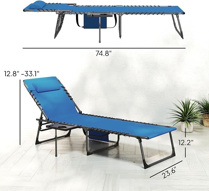 Outsunny Folding Chaise Lounge Chair Outdoor Tanning Chair with Side Table, 5-Level Adjustable Beach Lounge Chair with Headrest, Side Pocket for Patio, Backyard, Beach, Poolside, Blue