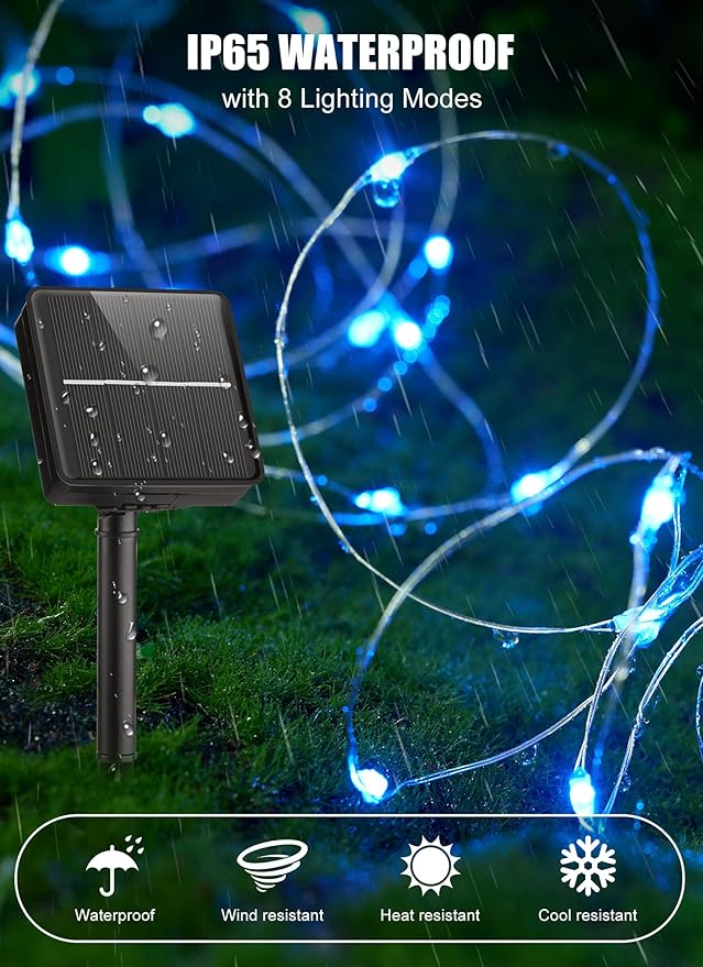 Minetom Solar String Lights for Outside, 33Ft 100 LED Outdoor Solar Fairy Lights, 8 Modes Balcony Lights for Tree Patio Christmas Party Decor (Blue and White)