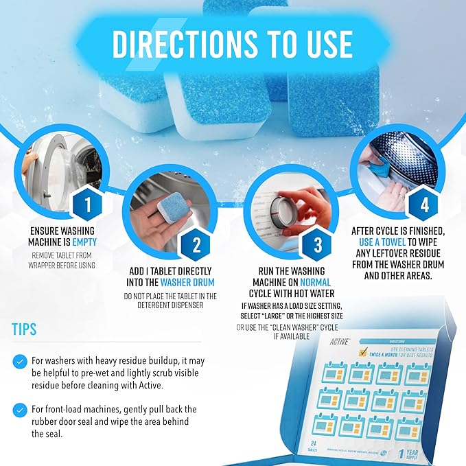 Washing Machine Cleaner Descaler 24 Pack - Deep Cleaning Tablets For HE Front Loader & Top Load Washer, Septic Safe Eco-Friendly Deodorizer, Clean Inside Drum and Laundry Tub Seal - 12 Month Supply