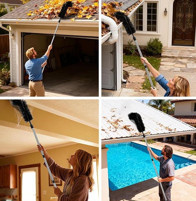 Gutter Cleaning Tools from Ground - 13FT Long Adjustable Gutter Cleaner with 2 Brushes Heads and Scoop, Rain Gutter Cleaning Tool for Easily Clear Roof Leaves and Debris