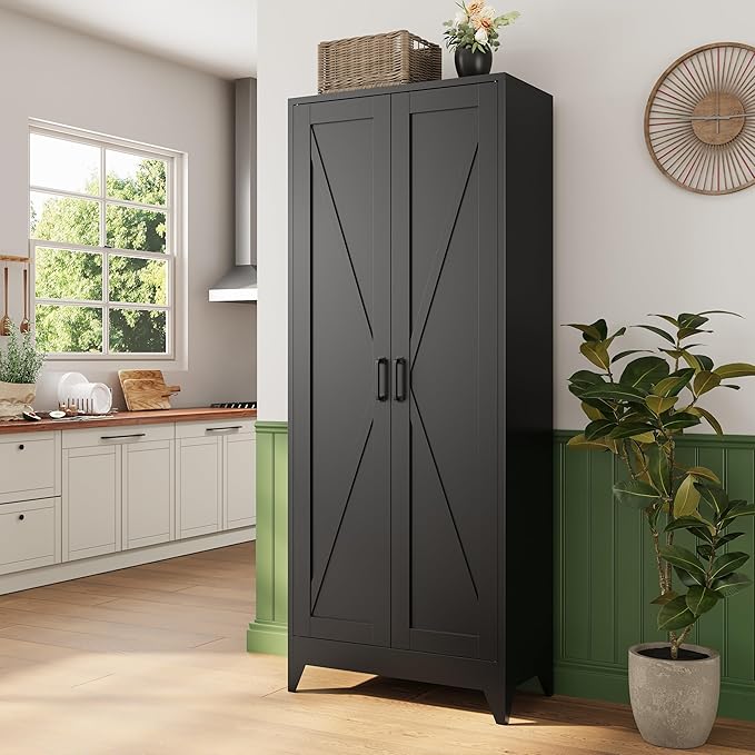 Letaya 75" H Metal Storage Cabinet with 2 Doors and 4 Shelves,Tall Kitchen Pantry Cabinets,Farmhouse Utility Pantry Organizers for Cupboard/Dining/Bathroom/Home Office/Garage Room,Black