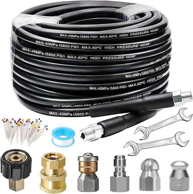 70FT Sewer Jetter Kit for Pressure Washer, 5800PSI Drain Cleaner Hose 1/4 Inch NPT, Corner, Rotating and Button Nose Sewer Jetting Nozzle Waterproof Tape Pearl Corsage Pin with 2Pcs Spanner
