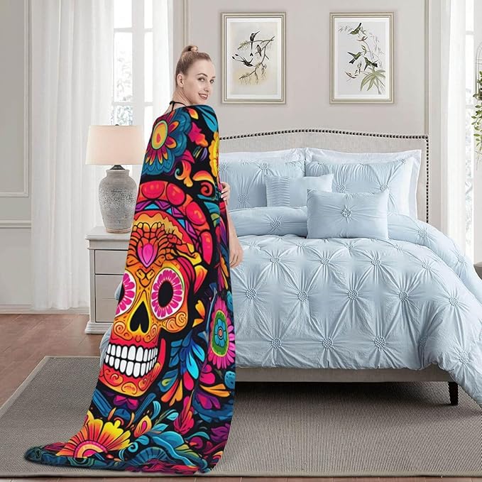 Firmiso Sugar Skull Gifts for Women and Men, Day of The Dead Blanket for Home Decor, Halloween Skull Lighweight Fleece for Bed Room and Living Room, 60x80 inches, No Pilling