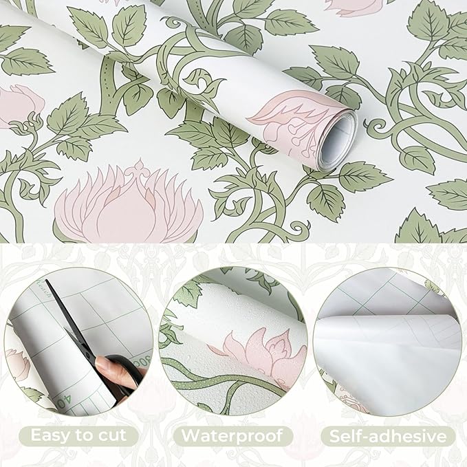 YXTII 590.5" × 17.3" Floral Wallpaper Peel and Stick Pink and Green Wallpaper